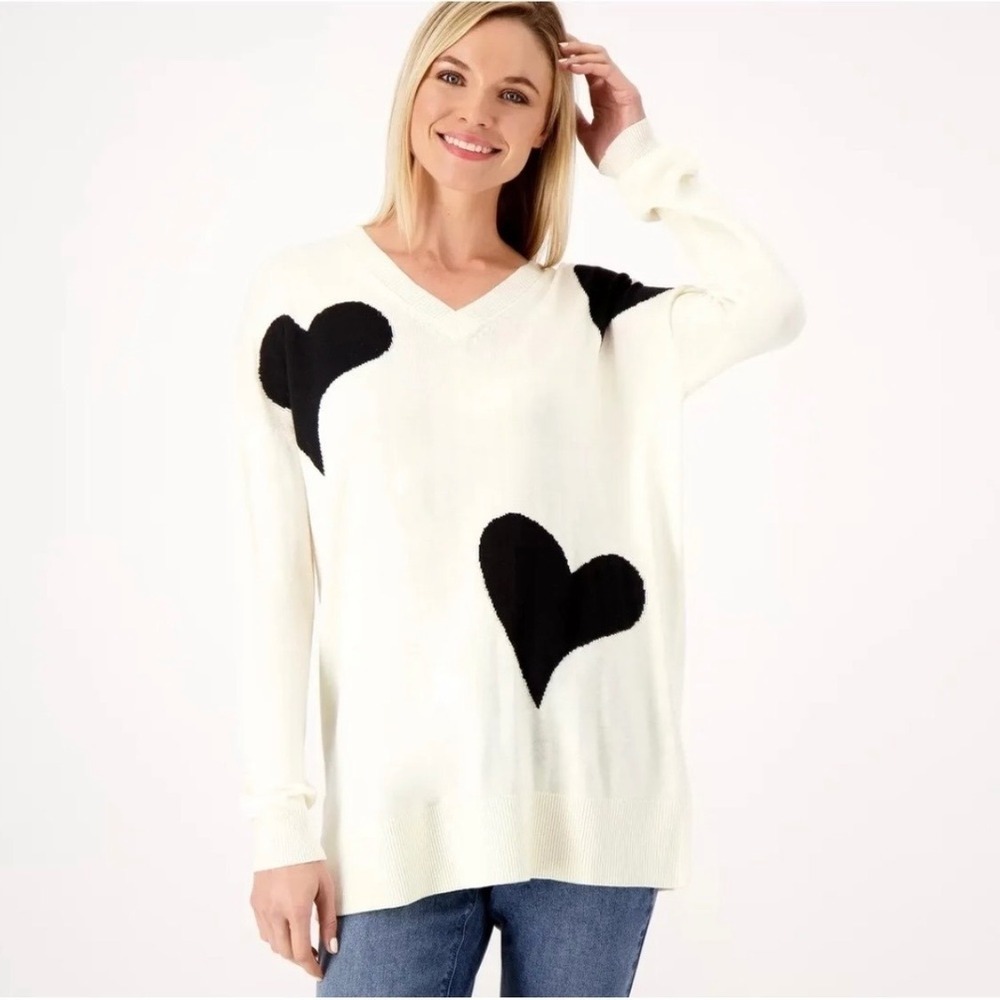 Laurie Felt V Neck Cream Black Heart Print Cashmere Blend Sweater Women Medium